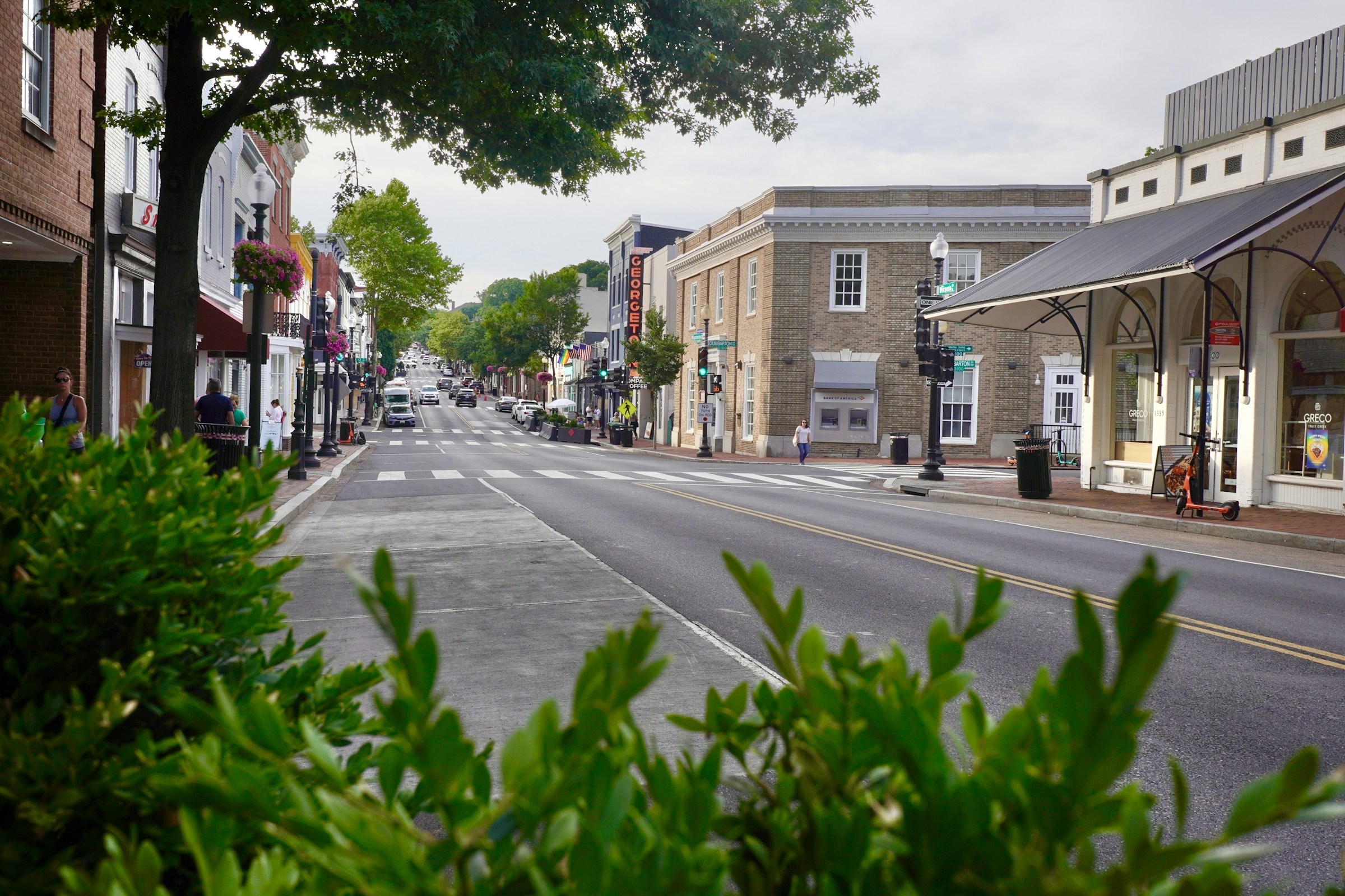 Illustrative stock photograph looking down a tree-lined main street with well-kept older buildings and local businesses